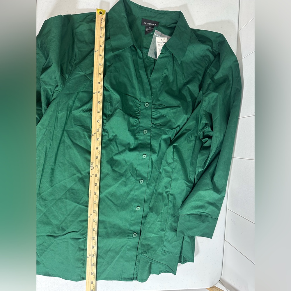 NWT Lane Bryant Women’s Sz 26 Green Ruched Button Down Shirt Blouse Long Sleeve - Picture 9 of 9